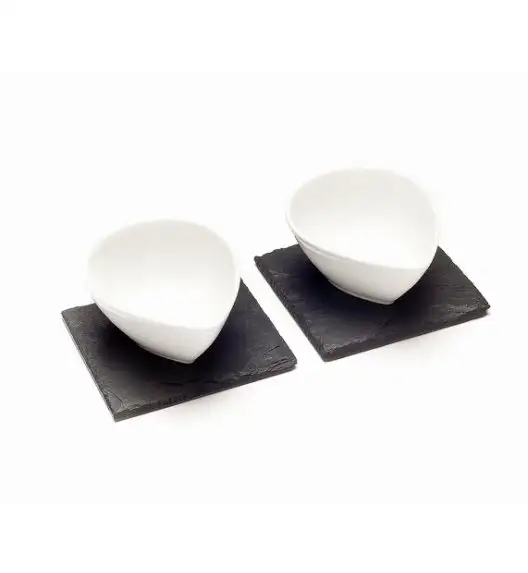 SLATEPLATE BLACK & WHITE, Porcelana kropla biały / Talerz z kamienia łupkowego.