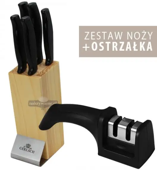Noże kuchenne Gerlach 921 - 5 szt w bloku + Ostrzałka Gerlach 2w1. Ergonomiczne rękojeść. Nowoczesny wygląd.