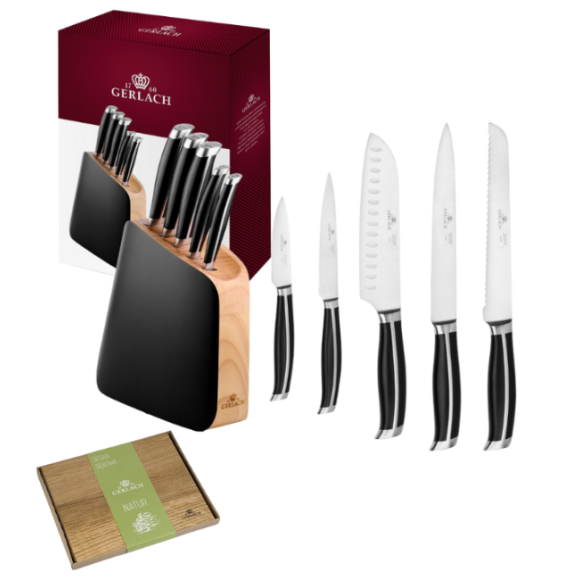 GERLACH LOFT Komplet 5 noży w bloku + deska dębowa