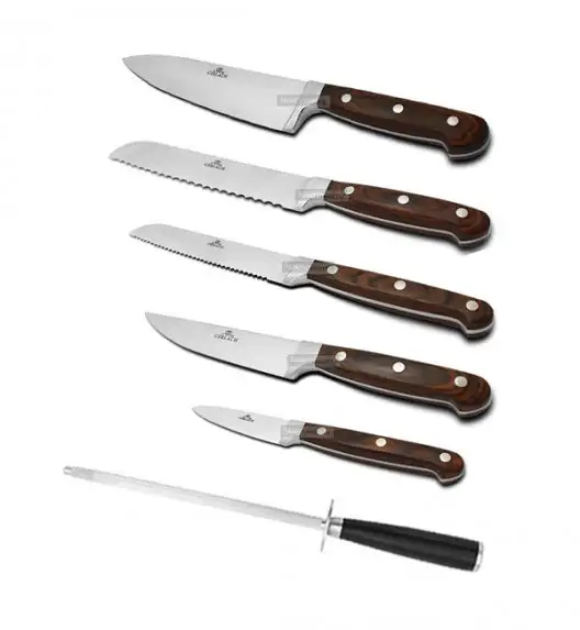 Noże kuchenne Gerlach Provence 961A - 5 szt + Ostrzałka do noży prętowa ABS. Rękojeść egzotyczne drewno Pakka, ostrza Kute.