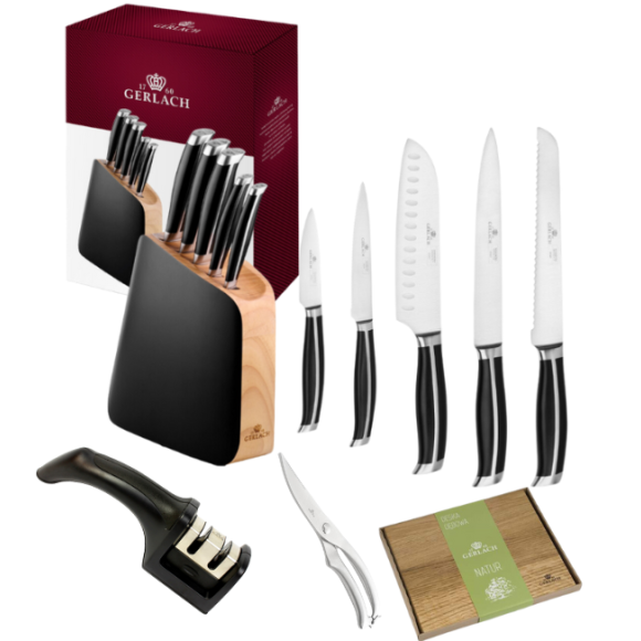GERLACH LOFT Komplet 5 noży w bloku + ostrzałka 2w1 + nożyce do drobiu + deska dębowa