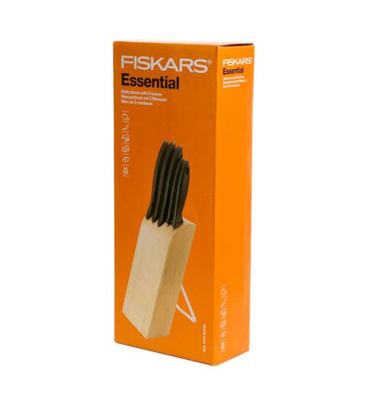 FISKARS ESSENTIAL Noże kuchenne 5 noży w bloku drewnianym / 1023782