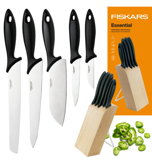 FISKARS ESSENTIAL 1023782 Zestaw 5 noży w bloku drewnianym z metalową podstawką