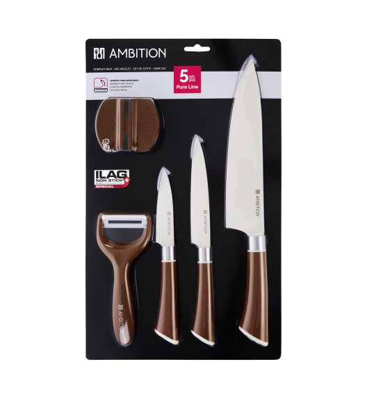 AMBITION PURE LINE Komplet 4 noży + ostrzałka / 20358
