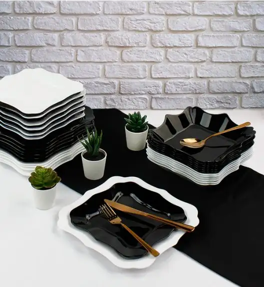 LUMINARC AUTHENTIC BLACK AND WHITE Serwis obiadowy 36 elementów dla 12 osób / Wyprodukowane we Francji / Domino 