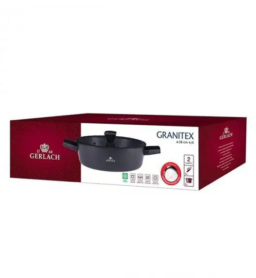 GERLACH GRANITEX Komplet garnków 24 + 28 cm z pokrywką 4,4 L + brytfanna 32 cm + patelnia 20, 24, 28 cm / powłoka ILAG Granitec®  / indukcja