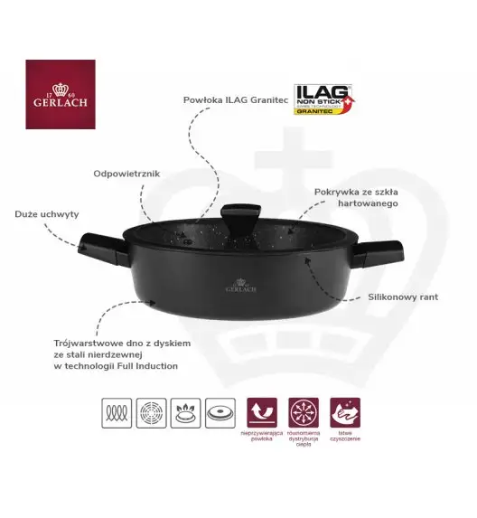 GERLACH GRANITEX Komplet garnków 24 + 28 cm z pokrywką 4,4 L + patelnia 20, 28 cm / 6 elementów / powłoka ILAG Granitec® / indukcja