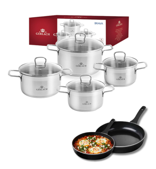 GERLACH BRAVA Komplet Garnki z pokrywkami 8 el + patelnie Gerlach Harmony Classic 28, 20 cm