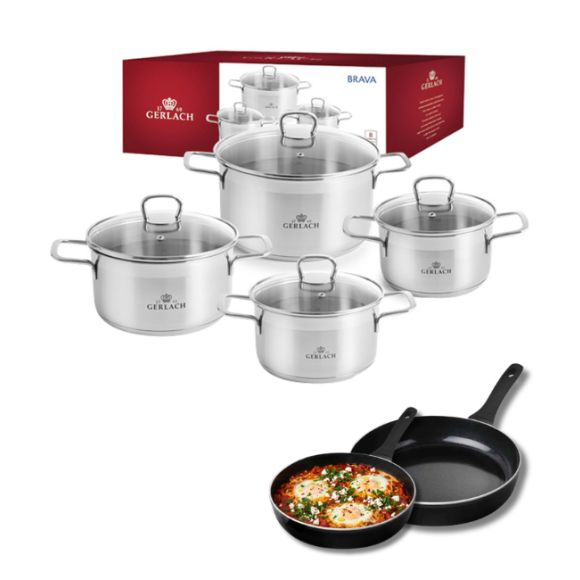 GERLACH BRAVA Komplet Garnki z pokrywkami 8 el + patelnie Gerlach Harmony Classic 28, 20 cm
