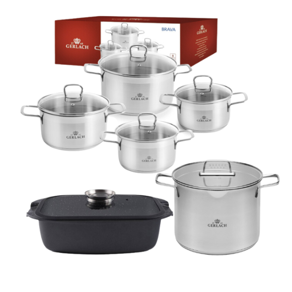 GERLACH BRAVA Komplet Garnki z pokrywkami 8 el + Garnek 7L Gerlach Ambiente + brytfanna 32 cm z pokrywką Gerlach Granitex / powłoka ILAG Granitec®