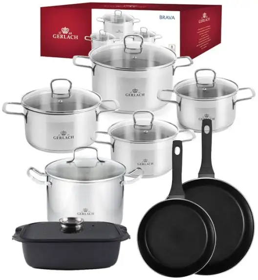 GERLACH BRAVA Komplet Garnki z pokrywkami 8 el + garnek 7 l Gerlach Simple + patelnie Gerlach Harmony Classic 28, 20 cm + Brytfanna 32 cm z pokrywką Gerlach Granitex 