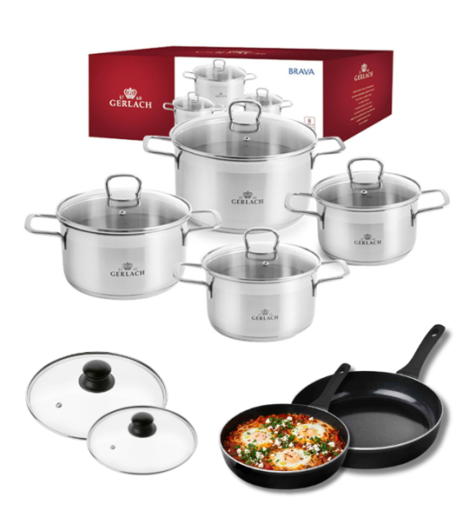 GERLACH BRAVA Komplet Garnki z pokrywkami 8 el + patelnie Gerlach Harmony Classic 28, 20 cm + pokrywki szklane / indukcja