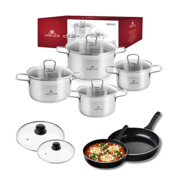 GERLACH BRAVA Komplet Garnki z pokrywkami 8 el + patelnie Gerlach Harmony Classic 28, 20 cm + pokrywki szklane / indukcja