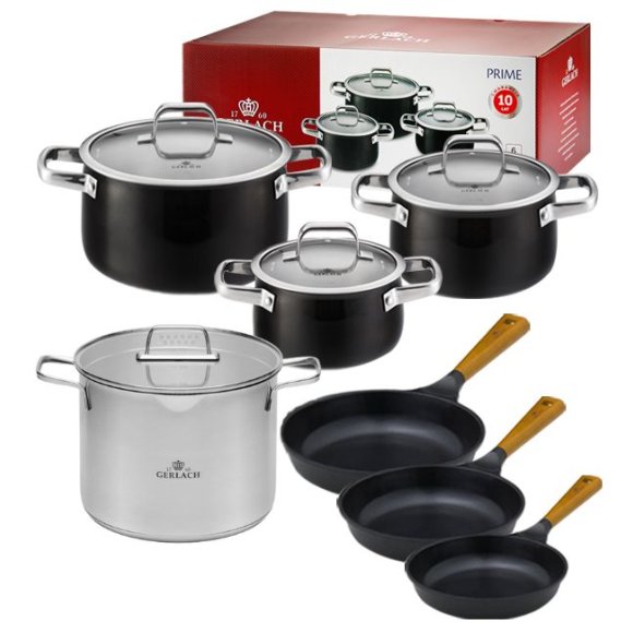 GERLACH PRIME Komplet Garnki z pokrywkami 6 el + Garnek 7 l Gerlach Ambiente + patelnie Gerlach Natur 20, 24, 28 cm