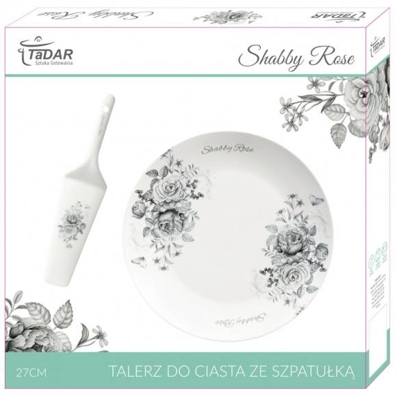 TADAR SHABBY ROSE Talerz płytki deserowy Ø27 cm + łopatka do ciasta / porcelana Bon China