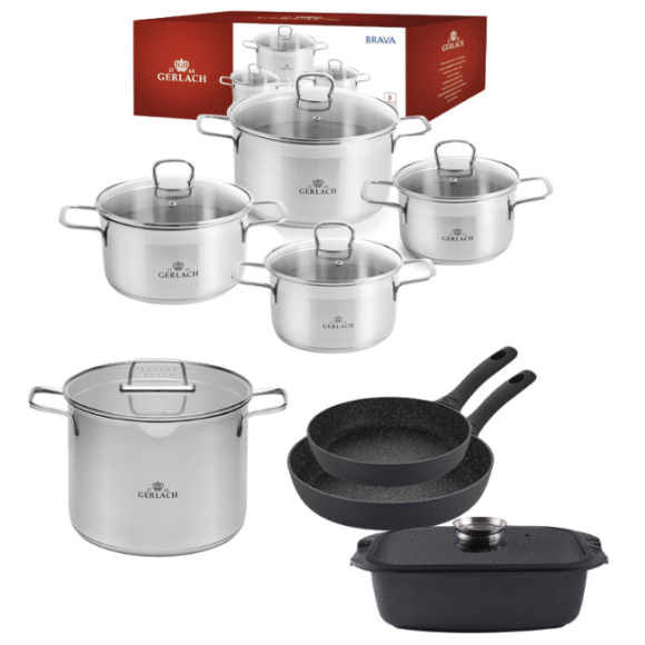 GERLACH BRAVA Komplet Garnki z pokrywkami 8 el + Garnek 7 l + patelnie Gerlach Granitex 28, 20 cm + Brytfanna Granitex