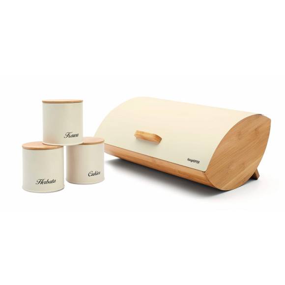 KÖNIGHOFFER COSMIC Chlebak z otwieraną pokrywą 35 cm + 3 pojemniki do przechowywania / kremowe / drewno bambusowe