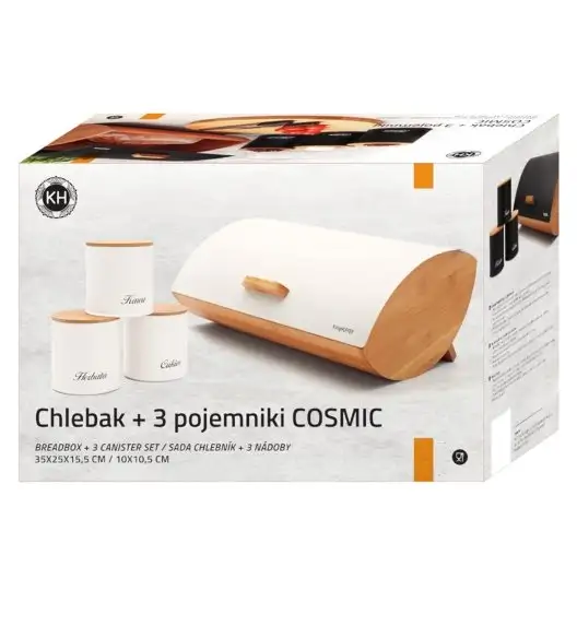 KÖNIGHOFFER COSMIC Chlebak z otwieraną pokrywą 35 cm + 3 pojemniki do przechowywania / kremowe / drewno bambusowe