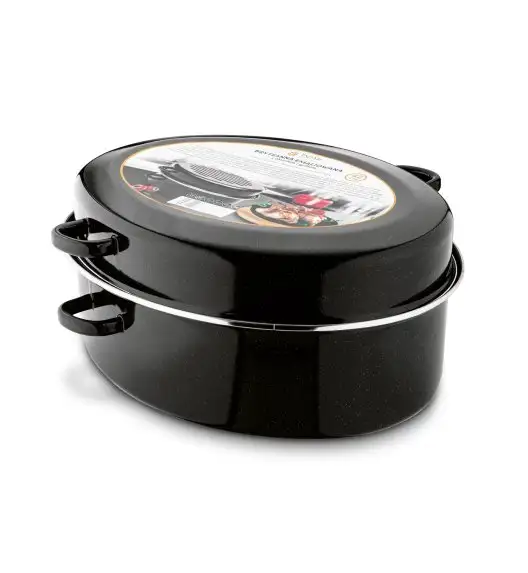 TADAR Brytfanna owalna z okuciem i grillem 6,5 L / czarna / emaliowana / stal węglowa