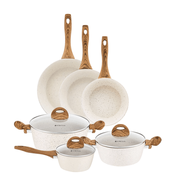 AMBITION NATURE Komplet garnków z pokrywkami 6 el + patelnie Nature 20, 24, 28 cm