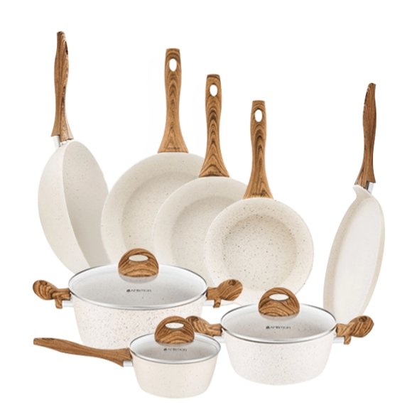 AMBITION NATURE Komplet Garnki z pokrywkami 6 el + Patelnie Nature 20, 24, 28 cm + patelnia naleśnikowa 28 cm + wok 26 cm