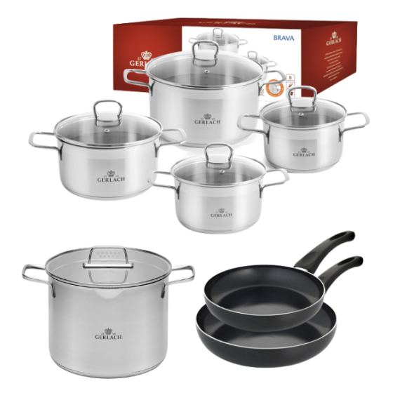 GERLACH BRAVA Komplet Garnki z pokrywkami 8 el + patelnie Gerlach Initial 24, 28 cm + Gerlach Ambiente Garnek 7 L