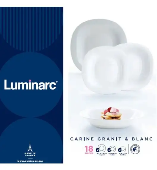 LUMINARC CARINE Serwis obiadowy dla 6 osób / 18 elementów / szkło hartowane / biało-szara