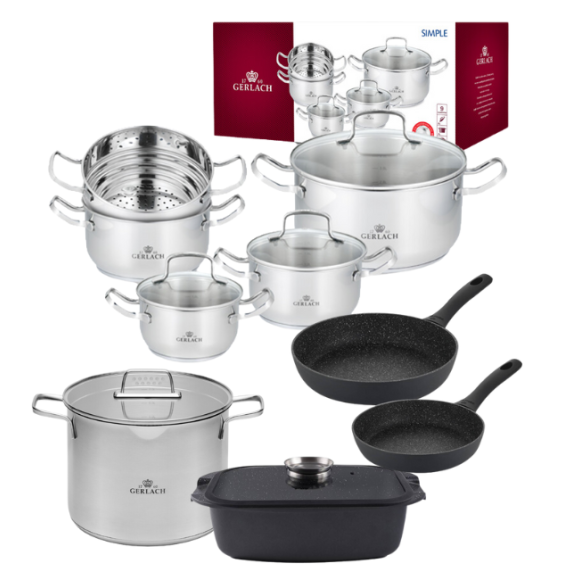 GERLACH SIMPLE Komplet Garnki z pokrywkami 9 el + Garnek Ambiente 7 L + patelnie Granitex 20, 28 cm + Granitex Brytfanna 32 cm 