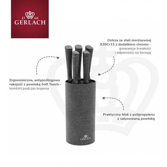GERLACH SMART GRANIT Komplet 5 noży w bloku + ostrzałka 2w1  + deska dębowa