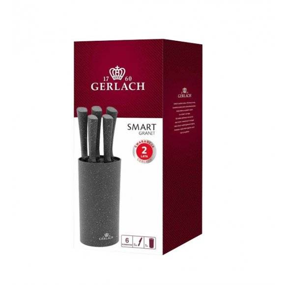 GERLACH SMART GRANIT Komplet 5 noży w bloku + ostrzałka 2w1  + deska dębowa