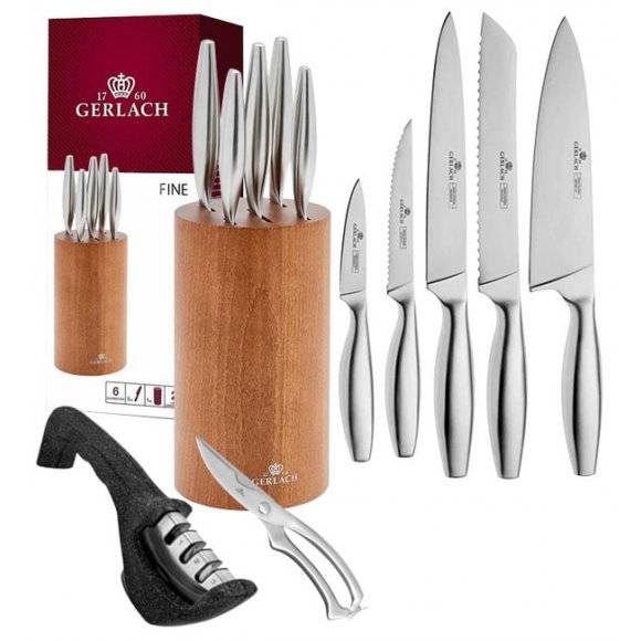 GERLACH FINE Komplet 5 noży w bloku + ostrzałka 3w1 Granitex +nożyce stalowe do drobiu