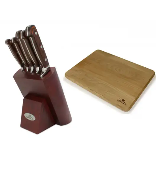 Noże kuchenne Gerlach Provence 961A - 5 szt w bloku. Rękojeść egzotyczne drewno Pakka, ostrza Kute + deska