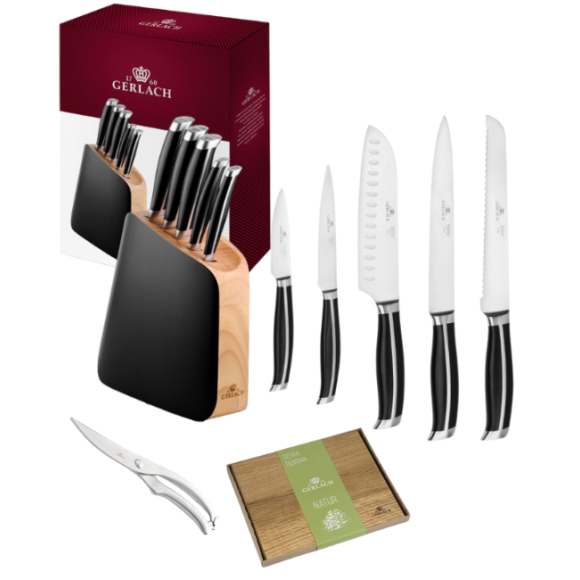 GERLACH LOFT Komplet 5 noży w bloku + nożyce do drobiu + deska dębowa