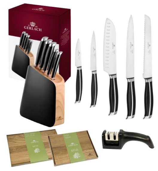 GERLACH LOFT Komplet 5 noży w bloku + ostrzałka 2w1 + komplet desek dębowych