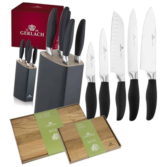 GERLACH STYLE Komplet 5 noży w bloku + komplet desek dębowych