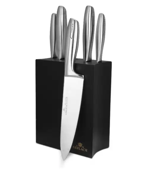 GERLACH MODERN 993 Zestaw noży w bloku czarne 6 elementów + ostrzałka 2w1 / Stal nierdzewna / 993CzB/2w1