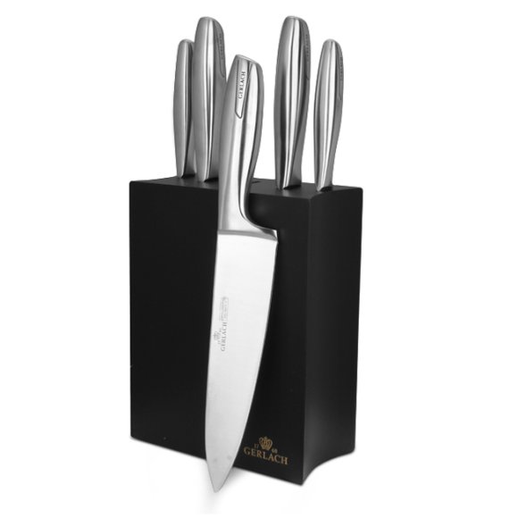 GERLACH MODERN 993 Zestaw noży w bloku czarne 6 elementów + ostrzałka 2w1 / Stal nierdzewna / 993CzB/2w1