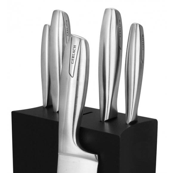 GERLACH MODERN Komplet 5 noży w bloku czarne + ostrzałka 2w1 + komplet desek dębowych / czarny