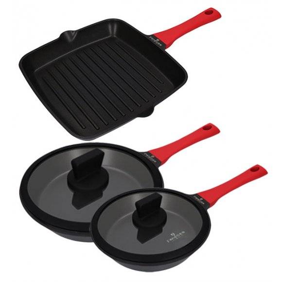 ZWIEGER OBSIDIAN Komplet patelni 24,28 cm + patelnia grillowa 28 cm + pokrywka 24, 28 cm / powłoka GREBLON C3+ non- stick