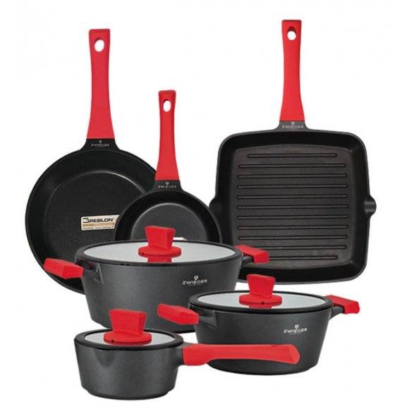 ZWIEGER OBSIDIAN Komplet garnków z pokrywkami 6 el + patelnie Zwieger Obsidian 20, 28 cm + grillowa 28 cm