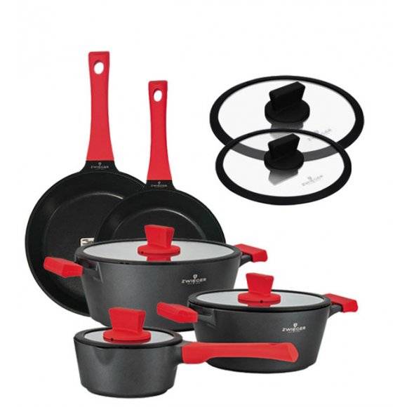 ZWIEGER OBSIDIAN Komplet garnków z pokrywkami 6 el + patelnie Zwieger Obsidian 24, 28 cm + pokrywki 24, 28 cm
