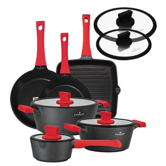 ZWIEGER OBSIDIAN Komplet garnków z pokrywkami 6 el + patelnie Zwieger Obsidian 24, 28 cm + grillowa 28 cm + pokrywki 24, 28 cm