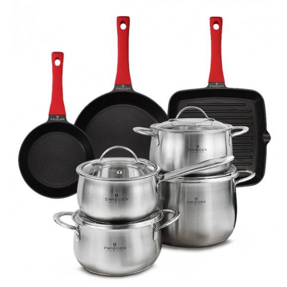 ZWIEGER PRACTI PLUS Komplet 4 garnków z pokrywkami + Obsidian patelnie 20, 28 cm + grillowa 28 cm Greblon