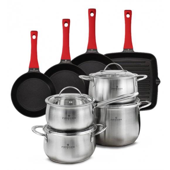 ZWIEGER PRACTI PLUS Komplet 4 garnków z pokrywkami + Obsidian patelnie 20, 24, 28 cm + grillowa 28 cm Greblon
