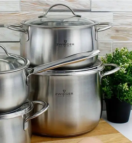 ZWIEGER PRACTI PLUS Komplet 4 garnków z pokrywkami + Obsidian patelnie 20, 24, 28 cm + grillowa 28 cm Greblon