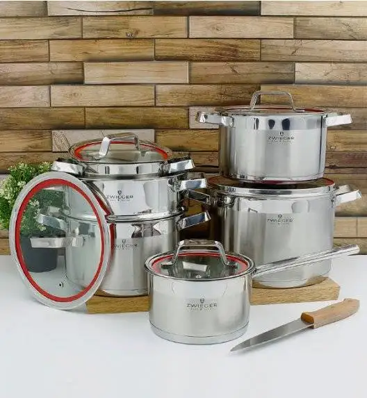ZWIEGER KLASSIKER Komplet garnków z pokrywkami 11 el / stal nierdzewna SS 304 + Patelnie Obsidian 24, 28 cm
