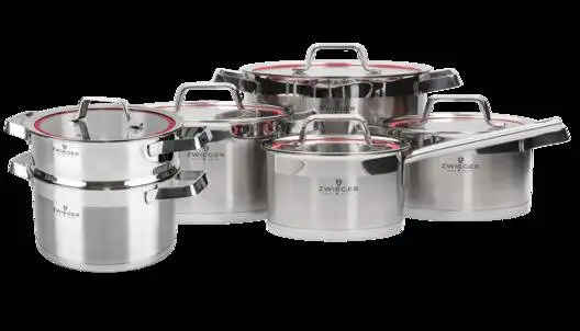ZWIEGER KLASSIKER Komplet garnków z pokrywkami 11 el / stal nierdzewna SS 304 + Patelnie Obsidian 20, 28 cm + patelnia grillowa 28 cm