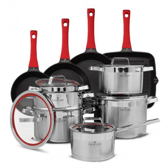 ZWIEGER KLASSIKER Komplet garnków z pokrywkami 11 el / stal nierdzewna SS 304 + Patelnie Obsidian 20, 24, 28 cm + grillowa 28 cm