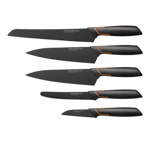 FISKARS EDGE 1003099+1003098 Zestaw 5 noży kuchennych w bloku czarnym / stal 420J2 / czarne ostrza + OSTRZAŁKA Edge