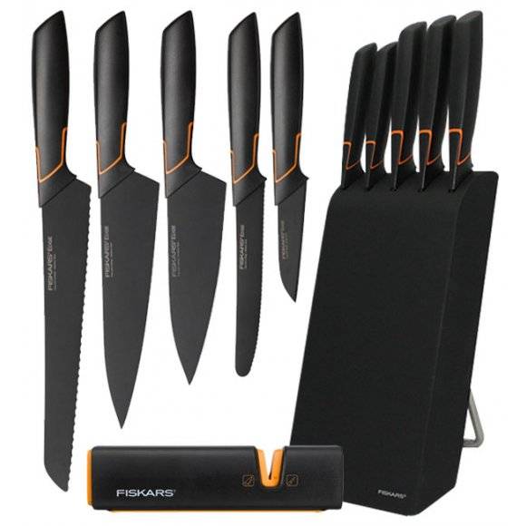 FISKARS EDGE 1003099+1003098 Zestaw 5 noży kuchennych w bloku czarnym / stal 420J2 / czarne ostrza + OSTRZAŁKA Edge